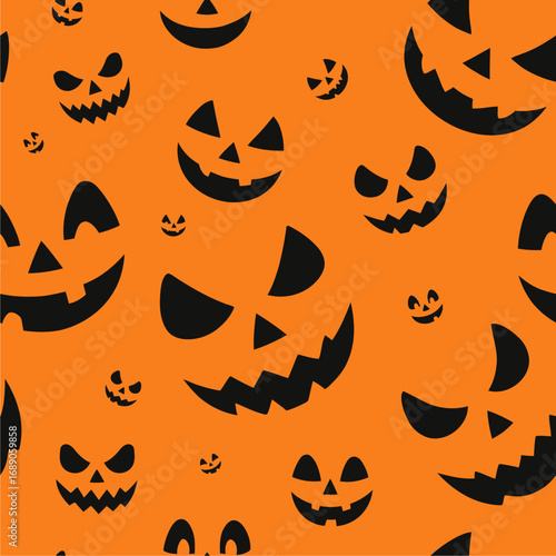 Seamless Halloween pattern with spooky jack-o’-lantern faces on orange background. Scary and funny pumpkin silhouettes, perfect for seasonal design, party decor, and holiday themes.