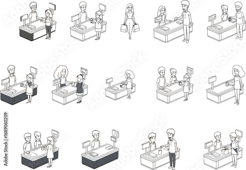 Cartoon people at store checkout, shopping payment scenes, cashier and customer interactions, retail transaction illustrations, modern shop counter process