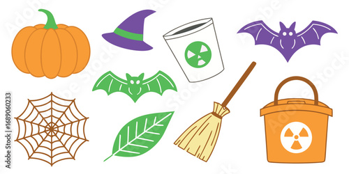 Halloween icons, pumpkin, witch hat, broom, bats, spider web, leaf, bucket, radioactive cup