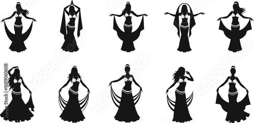 Silhouettes of belly dancers performing traditional dance, flowing skirts, cultural dance, exotic movements, female dancers, Middle Eastern art, festive dance, elegant poses.
