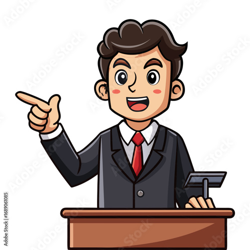 Confident lawyer in professional suit pointing and giving powerful courtroom argument illustration, justice attorney vector design for legal themes