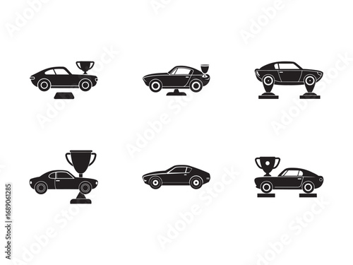 Classic Car Vector Icons Set Featuring Vintage Automobile and Award Trophy Concepts in Simple Silhouette Style