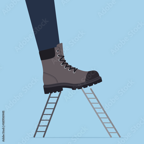A strong work boot firmly steps onto a stable ladder, illustrating the strategic progress and decisive action required to overcome challenges and achieve success.