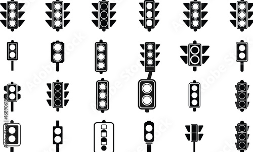 Collection of traffic light icons, road signal illustrations, transportation symbol pack, stoplight vector set for driving, navigation, city planning, safety