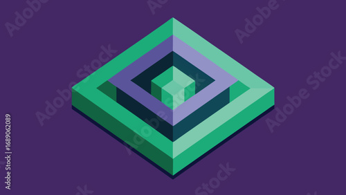 Isometric Diamond Shape With Nested Layers In Green And Purple abstract geometric