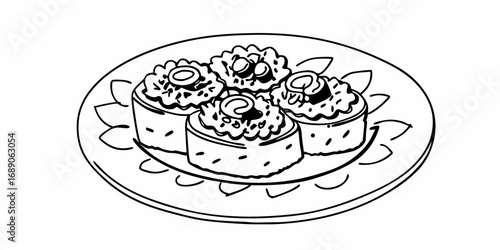 A line drawing of four sushi rolls with toppings on a decorative plate in black and white style art