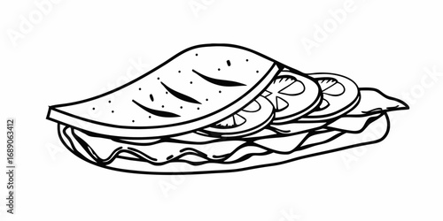 Outlined sandwich with tomato slices and lettuce on white background in a simple line art style