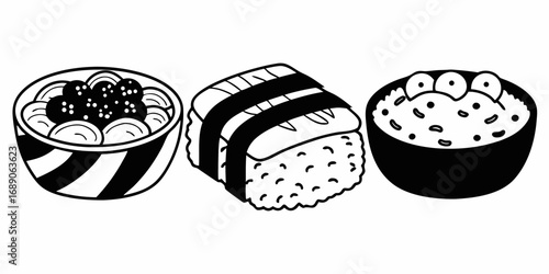 Three monochrome illustrations of food items including bowls of food and a sushi roll displayed