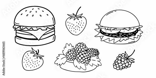 Illustration of two burgers, two strawberries, and two blackberries on a white background line art