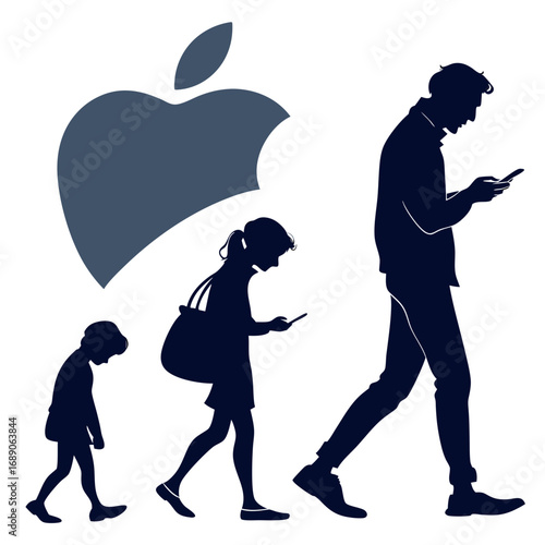 Human evolution towards technology addiction symbolized by silhouettes walking under an apple logo