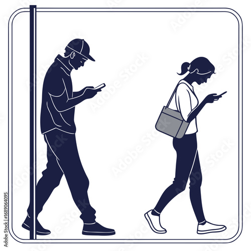 Man and woman walking while engrossed in their mobile phones depicting modern communication habits
