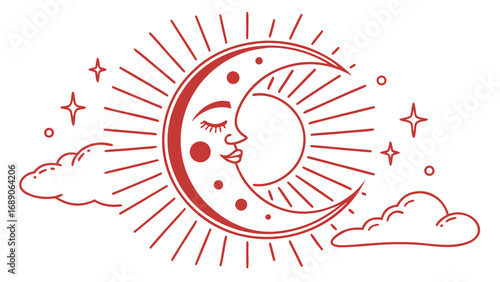 Mystical crescent moon with closed eyes and sun rays surrounded by stars and clouds in red outline