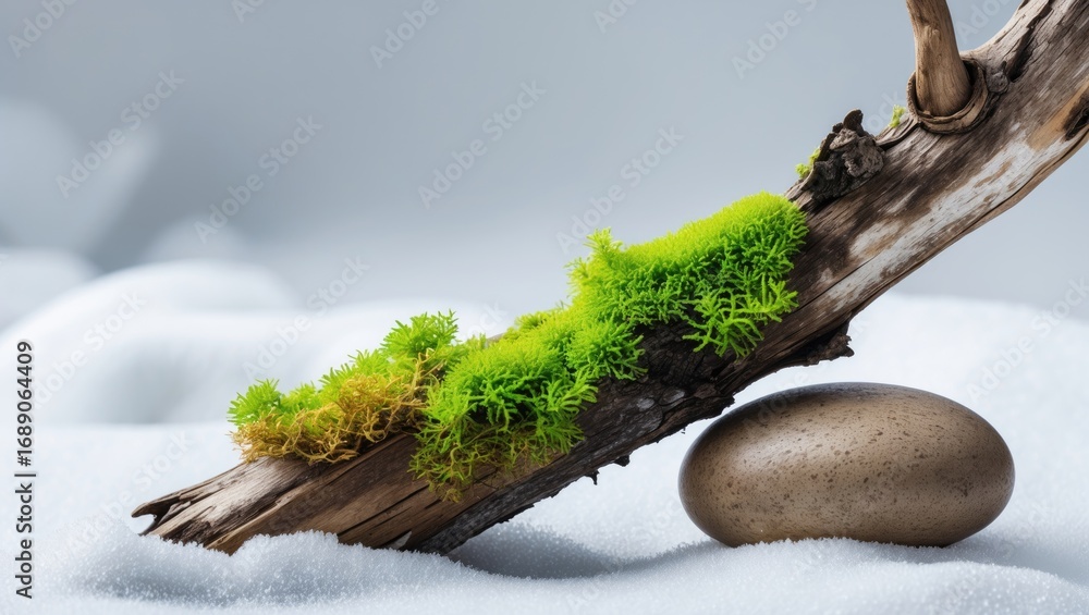 Fototapeta premium Moss growing on a piece of driftwood resting on snow next to a smooth stone.