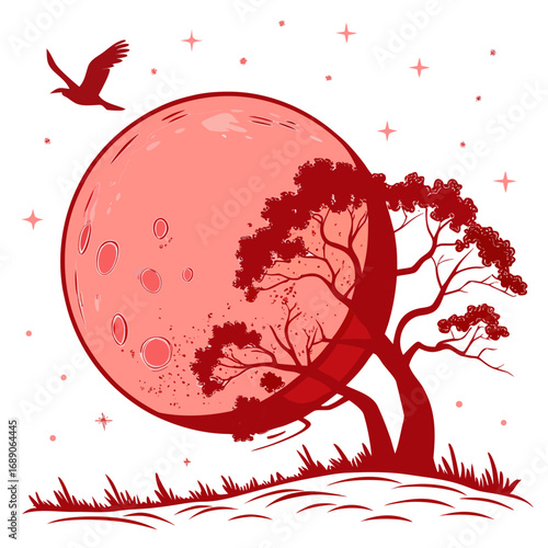 Silhouette of a lone tree and a bird against a large textured red moon and starry sky