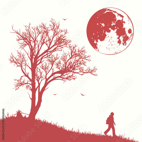 Silhouette of a lone traveler walking towards a large red moon under a bare tree