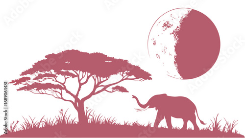 Silhouette of an elephant and acacia tree against a large textured moon in the african savanna at dusk