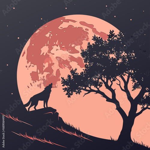 Silhouette of a wolf howling at a large textured pink moon on a starry night