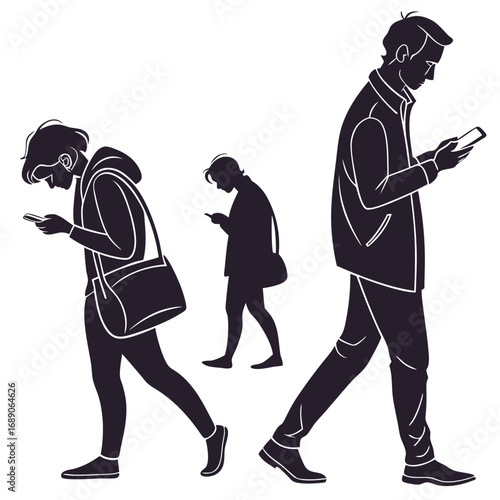 Silhouettes of people walking and engrossed in their mobile phones on a white background