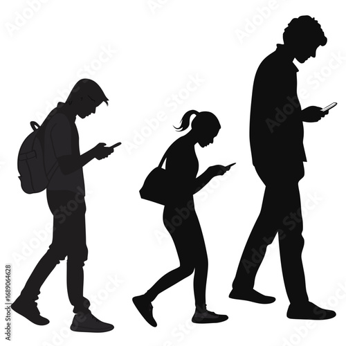 Silhouettes of people walking and looking at their smartphones in a progression from young to old