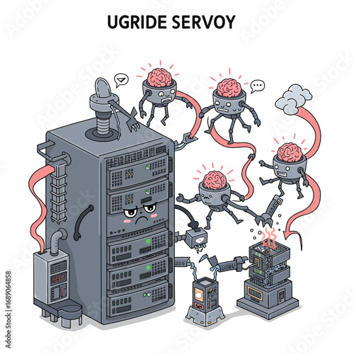 Strategic Data Intelligence Vector Illustration: AI Brains Managing Complex Cloud Server Infrastructure