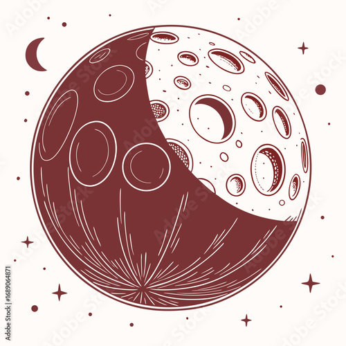 Stylized illustration of a crescent moon with craters and distant stars against a light background