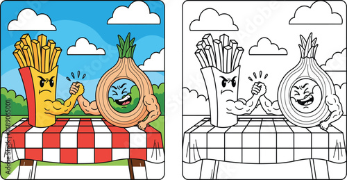  Humorous cartoon depicting an arm wrestling match between a strong French fries character and a muscular onion character on a picnic table.