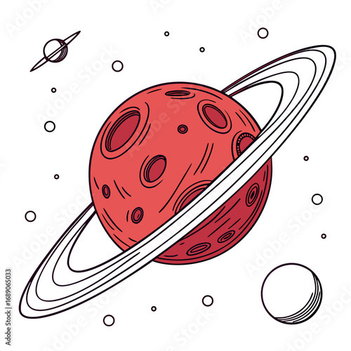 Stylized illustration of a red ringed planet with craters and moons in outer space