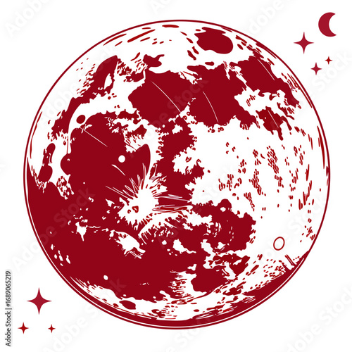 Stylized red moon with craters and a dark outline against a white background with small stars