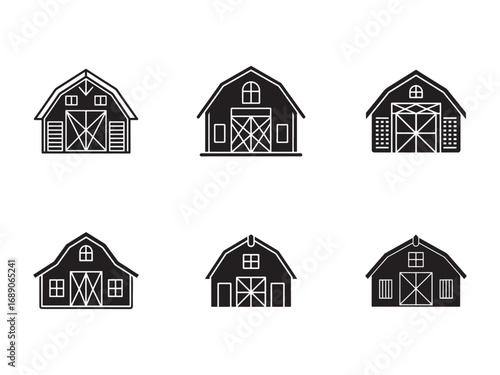 Collection of Barn Icon Illustrations in Black and White for Agricultural and Rural Themes with Farmhouse Appeal