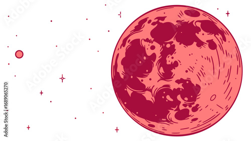 Stylized red moon with craters and stars in a minimalist cosmic scene