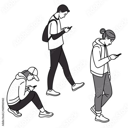 Three young people in casual clothing using their smartphones in different poses and locations