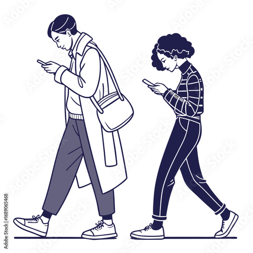 Two diverse people walking outdoors while engrossed in their mobile phones with casual clothing