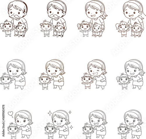 Cute mother and child doodle illustrations, family love drawings, parenting cartoon icons, happy mom with kids, childcare sketch design set