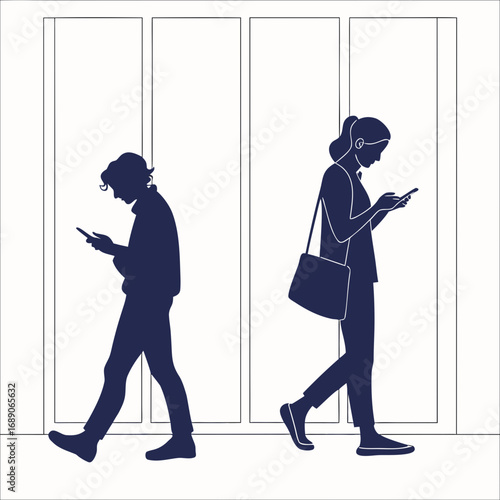 Two silhouettes of people walking and using smartphones in a modern indoor environment