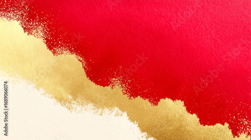 和紙に広がる赤の絵の具と金箔の斜めストローク背景（和風・年賀・正月）