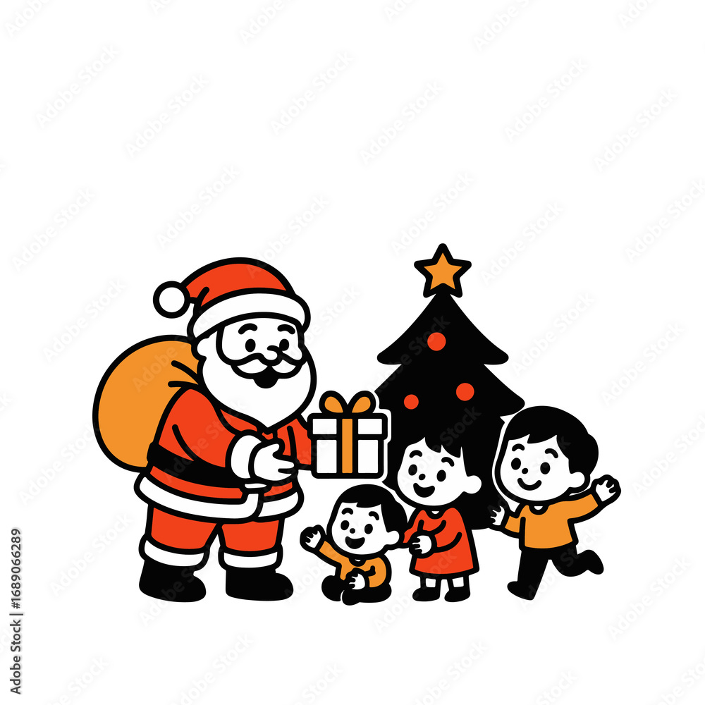 Fototapeta premium Flat outline duotone illustration of Santa Claus giving gifts to children near Christmas tree. Festive holiday scene of joy, tradition and New Year celebration isolated on white background.