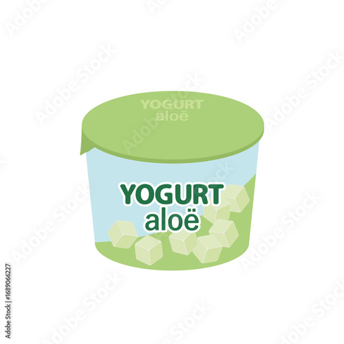 A single-serving cup of aloe vera yogurt, illustrated with light green cubes of aloe against a pale blue background.