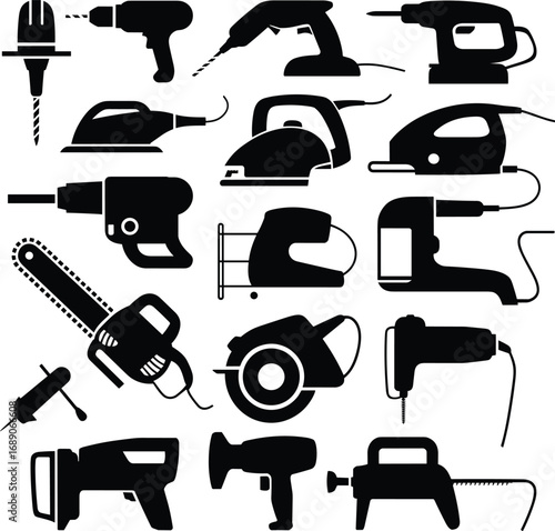 Electric power tools icons set, drills, saws, sanders, jigsaws, chainsaws, construction tools, workshop equipment, carpentry tools collection