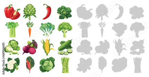 Set of vegetables poster. Bell pepper, broccoli, corn, cucumber, beetroot, cabbage, chard, asparagus. Vintage style vector illustrations for healthy eating, kitchen wall art, restaurant decor.