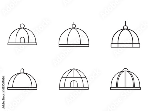 Collection of birdcage icons in black and white outline style representing animal enclosure design and creative cage illustrations