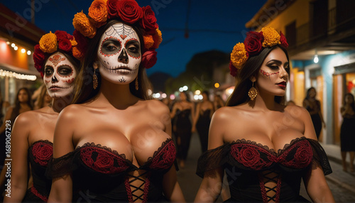 Woman with Sugar Skull Makeup and Floral Headdress Celebrating Dia de los Muertos