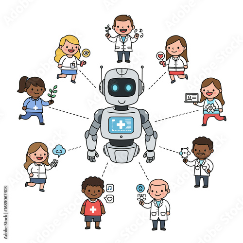 Diverse Global Professionals Collaborating with AI Robotics: Enhancing Healthcare, Data, and Innovation - A Vector Illustration