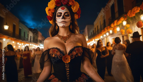 Woman with Sugar Skull Makeup and Floral Headdress Celebrating Dia de los Muertos