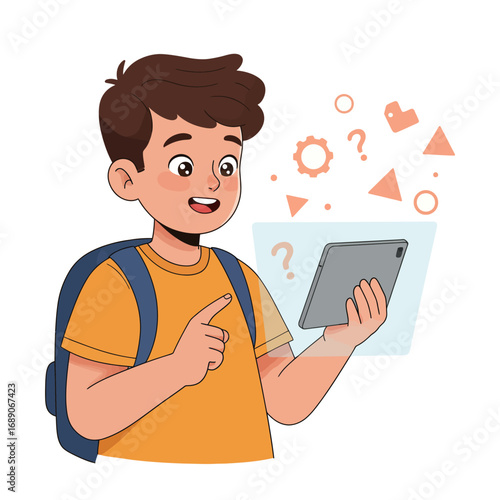 Curious Student Engaging with Digital Learning Tablet: Modern Educational Concept Vector Illustration