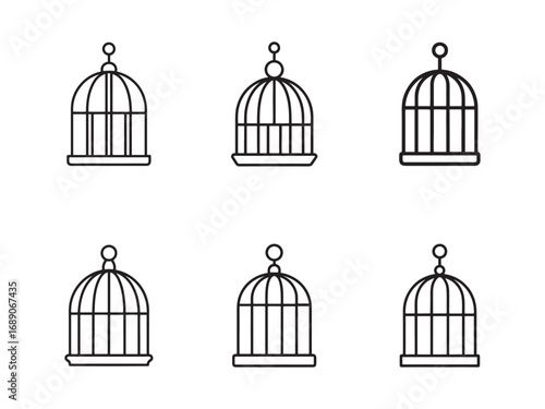 Collection of Birdcage Icons Line Art Graphic Representations Variety of Birdcage Designs Minimalist Style Birdcage Silhouettes on White Background Birdcage Vector Illustrations