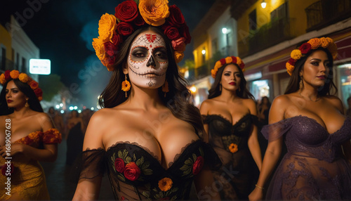 Woman with Sugar Skull Makeup and Floral Headdress Celebrating Dia de los Muertos