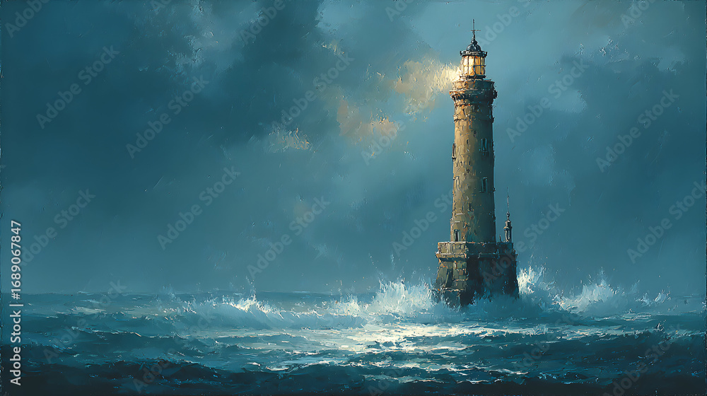 Obraz premium A lighthouse stands in a stormy sea at night.