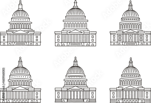 Government building icons set, capitol dome outline, architecture line art, public institution symbols, landmark vector illustration, courthouse design