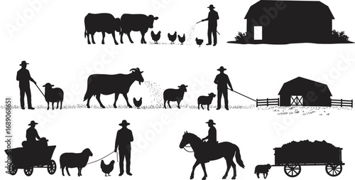 Silhouette set of farmers, cows, sheep, chickens, barns, horse cart, and rural farming life in countryside agriculture scene vector.