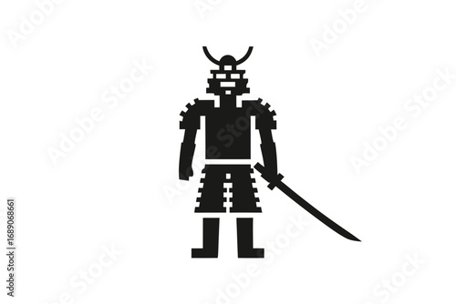 Pixelated Samurai Warrior Silhouette with Sword on White Background Art